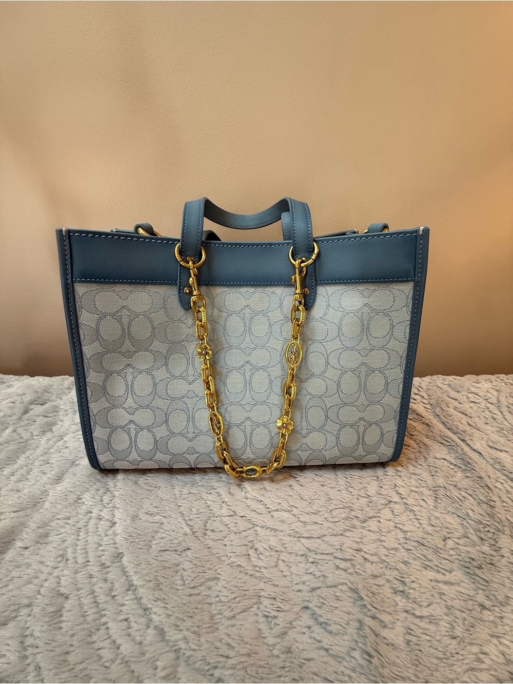 Coach Field 30 Small Signature Jacquard Tote- blue